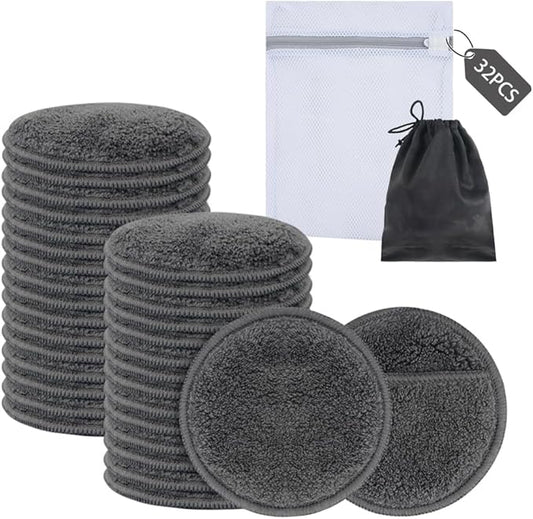 SUNLAND Reusable Makeup Remover Pads for Face,Eye,Lips 32 Pack Microfiber Face Cleansing Gloves Washable with Laundry Bag and Travel Bag Rounds Toner Pads（Round 3.15inchx32,Dark Grey）