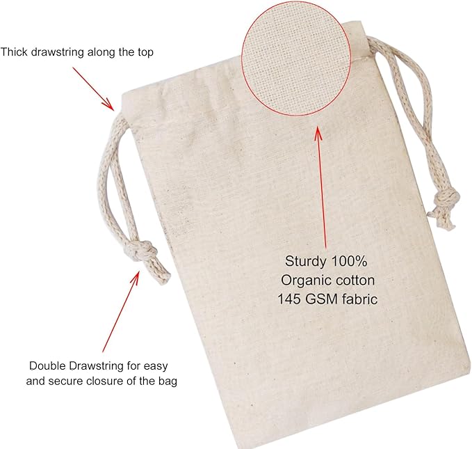 100Pcs 8 x 12 Inches Premium Cotton Muslin Double Drawstring Bags, Reusable Bag Natural Cotton Bags with Drawstring Produce Bags Bulk Gift Bag Jewelry Pouch for Party Wedding Home Storage