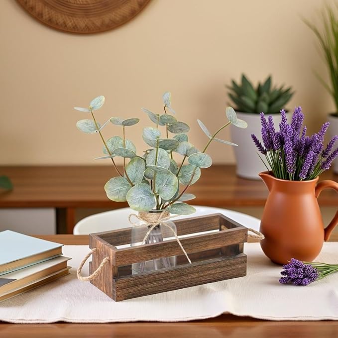 Artificial Eucalyptus Stems in Glass Vase with Faux Water,Combined with Wood Tray Centerpiece Table Decoration,13" Fake Plant with Double-Sided Leaves for Home Decor
