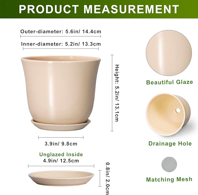 Ceramic Pots for Plants - 5.6 Inch Plant Pot with Drainage Hole and Saucer, Round Orchid Succulent Pots for Indoor Outdoor, Modern Small Planter, Home Office Decor, Gifts for Women, Beige