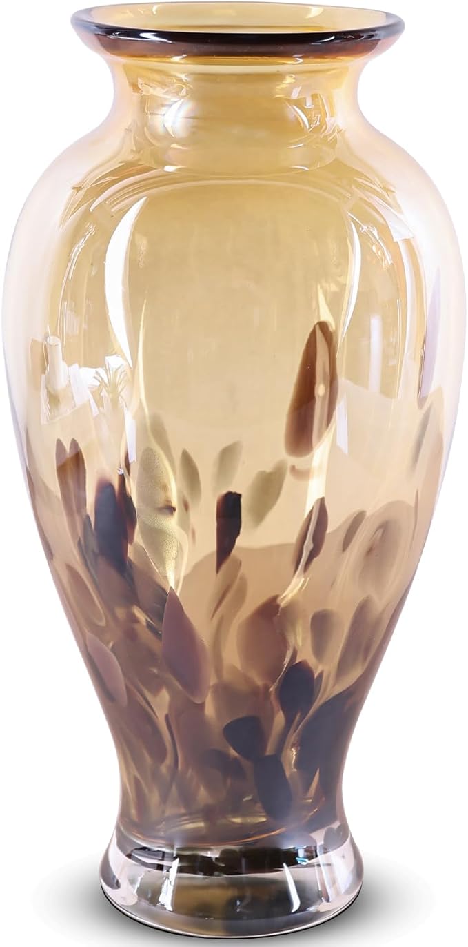 Hand Blown Glass Vase 11.8" Tall Beautiful Amber Gold Sea Wide Mouth Bud Vase for Table Centerpiece, Painted Colorful Murano Glass Flower Vases for - Home Entrance Wedding Center