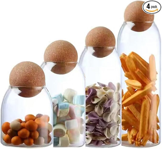 Glass Storage Jar with Ball Cork Lid, Clear Glass Canisters with Cork Ball,4Pcs High Borosilicate Glass Sealed Jar 16oz 26oz 36oz 46oz, Used for Storing Candies, Salt, Tea, Seasonings, Cookies, etc