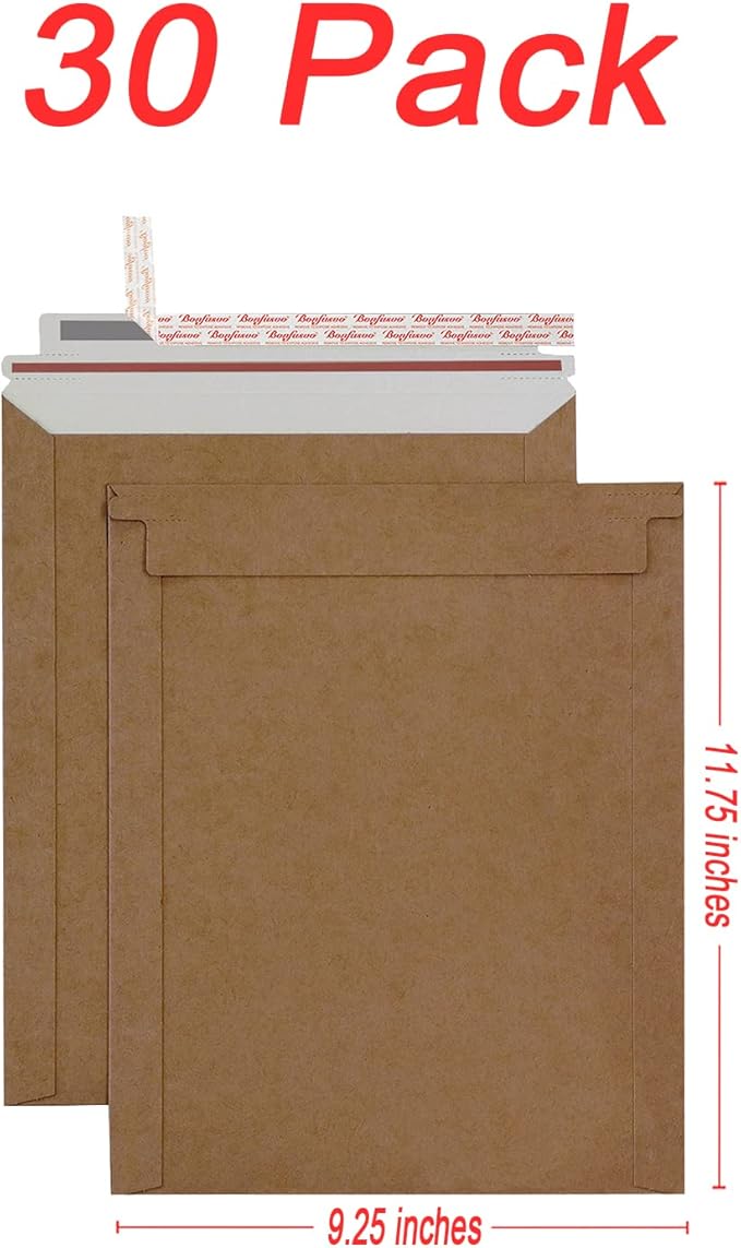 Rigid Mailers 30 Pack 9.25 x 11.75 inches Brown Self Seal Stay Flat Bulk Cardboard Kraft No Bend Mailers Peel and Seal for Document Photos Pictures Papers Files CD
