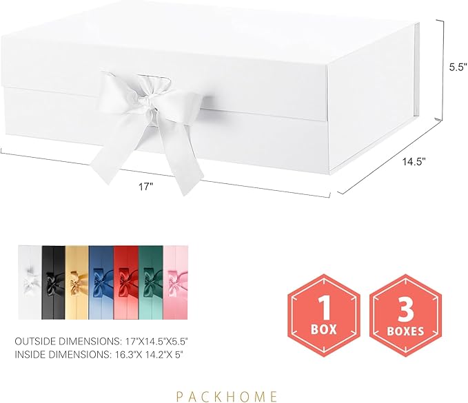 PACKHOME 17x14.5x5.5 Inches, 3 Extra Large Gift Boxes with Lids, Magnetic Closure Boxes with Ribbon for Clothes and Large Gifts (Glossy White)