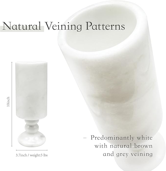 White Vase 100% Marble for Home Centerpiece for Dining Table, 10 inch Flower Vase or Desk Décor for Bouquet and Pampas Grass, French Boho Style