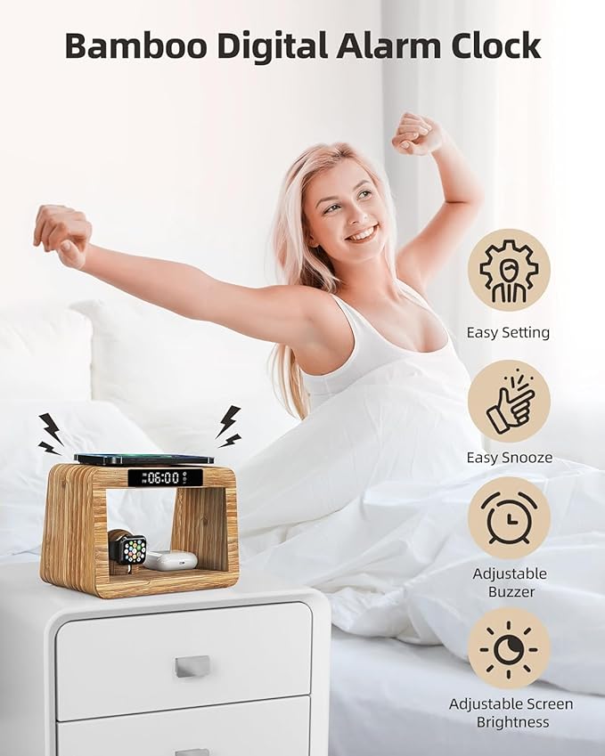 Bamboo Wireless Charging Station,Wireless Charger with Digital Alarm Clock and Night Light,Fast Charger Stand Compatible with iPhone17/16/15/14/13/12/11 Pro Max/X/Xs/AirPods Pro/iWatch Series