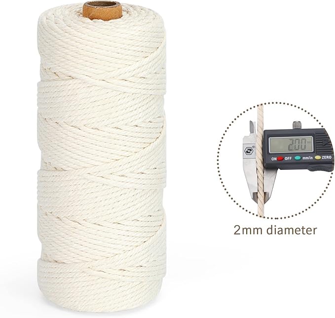 Macrame Cord 2mm x 220Yards (656Feet), Natural Cotton Macrame Rope - 2 Strands Twisted Macrame Cotton Cord for Wall Hanging, Plant Hangers, Crafts, Gift Wrapping and Wedding Decorations, Coffee