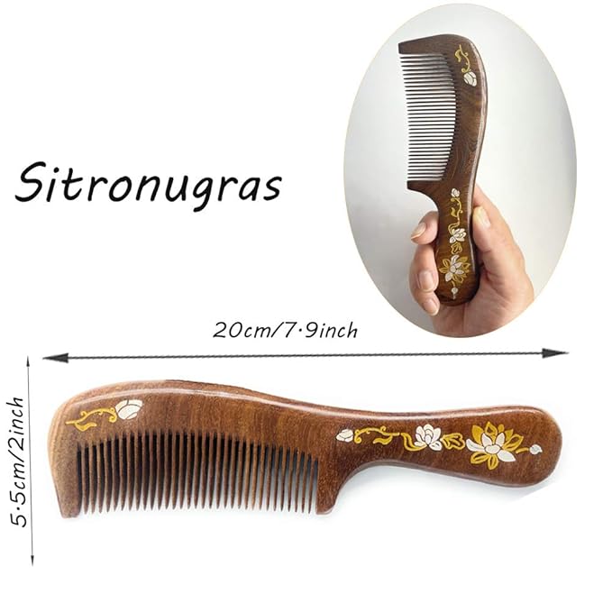 Handmade Wooden Comb, Fine Teeth Sandalwood Comb for Wavy hair, No Static Combs for Men Women ,Wooden Hair Comb with Handle