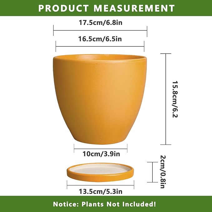 6.8 Inch Plant Pot - Ceramic Planter with Drainage Hole and Saucer, Modern Round Flower Pot, Planters for Indoor Plants, Home Garden Decor, Orange