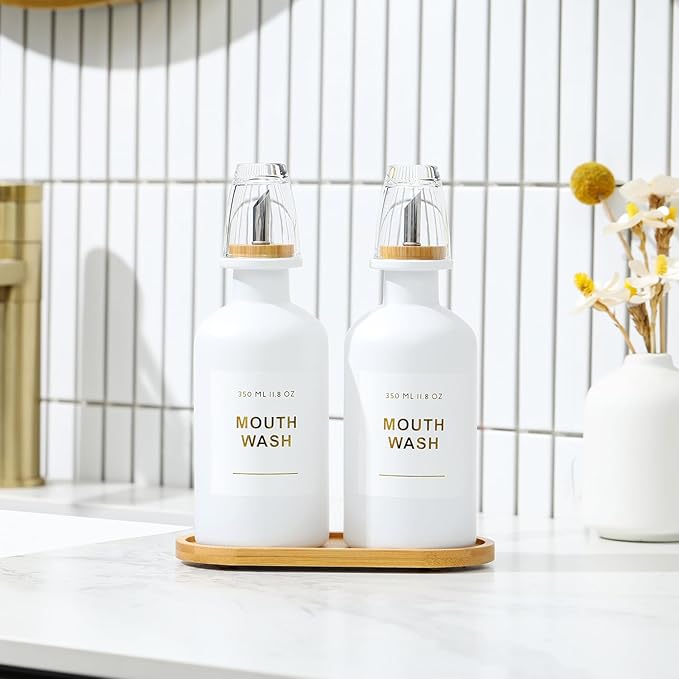 11.8OZ Mouthwash Dispenser for Bathroom with Bamboo & Stainless Steel Pour Spout, Mouthwash Cups Reusable, Bamboo Tray, and Elegant Gold Label. Set of 2（White