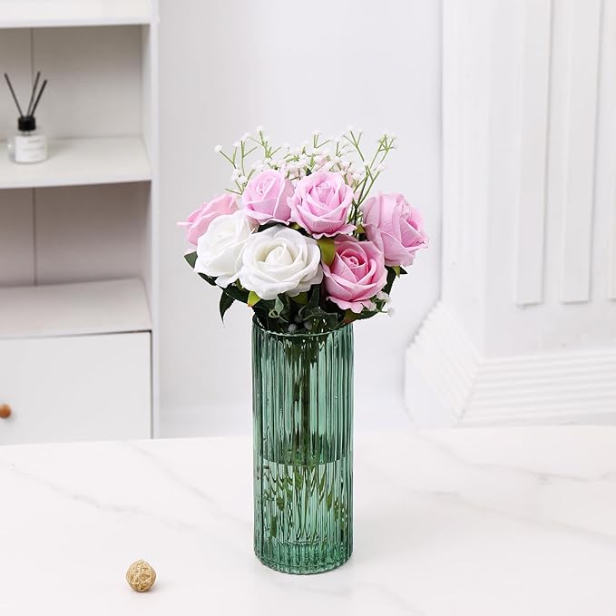 Green Glass Vase, Glass Flower Vase, Ribbed Glass Vase, Green Vase, Tall Cylinder Glass Vases for Centerpieces, Living Room, Bedroom, Dining Table, Office, Wedding, Bookshelf, 10 Inches