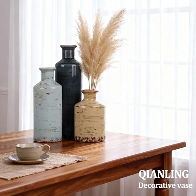 Ceramic Vase Set of 3-3 Neutral Vases Home Decor, Farmhouse Country Flower Vase, Vases for Centerpieces, Living Room Decoration, Table Decoration, Fireplace Decor, and Entrance Decorations