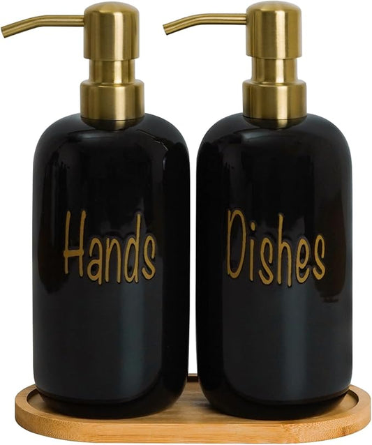 18oz Ceramic Soap Dispenser Set (2 Pack) with Stainless Steel Pump & Bamboo Tray, Bathroom & Kitchen