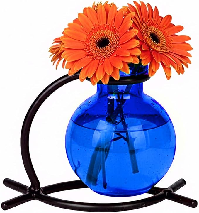 Couronne Company M501-200-15 Casablanca Recycled Glass Vase & Metal Stand, 4", Cobalt Blue, 1 Piece