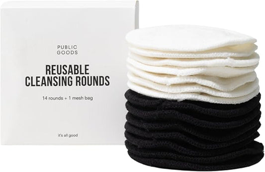 Public Goods Reusable Bamboo Cleansing Rounds | 14 Count Makeup Remover Pads with Cotton Mesh Wash Bag | Alternative to Disposable Cotton Rounds | Gentle, Machine Washable, Vegan Skincare Essential