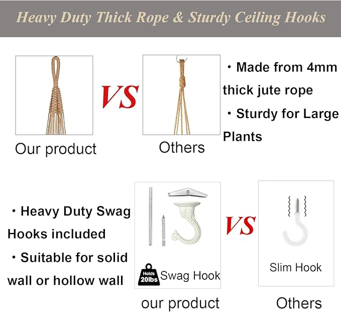 43 Inch Macrame Plant Hanger Large for up to 12 Inch Pot Extra Long Hanging Plant Holder No Tassels Jute Rope Hanging Planter Basket for Indoor Outdoor Boho Decor, Brown 1 Pack