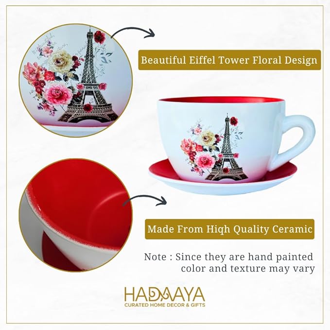 7.5" Ceramic Teacup Planter Pot with Saucer | Ideal for Succulents, Orchids, Herbs & Flowers | Indoor & Outdoor Use for Wedding & Home Decor & More - RED - Paris Eiffel Tower