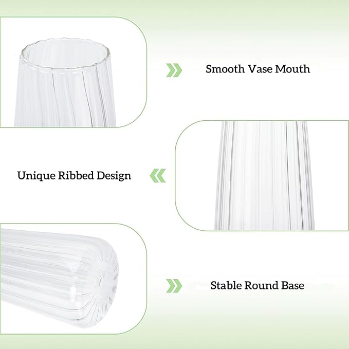 8.3in Clear Glass Vase for Flowers, Ribbed Flower Vase for Table Centerpiece Wedding Home Decor, Modern Glass Vases for Living Room, Bedroom, Dining Table, Office, Birthday Housewarming Gift (Striped)