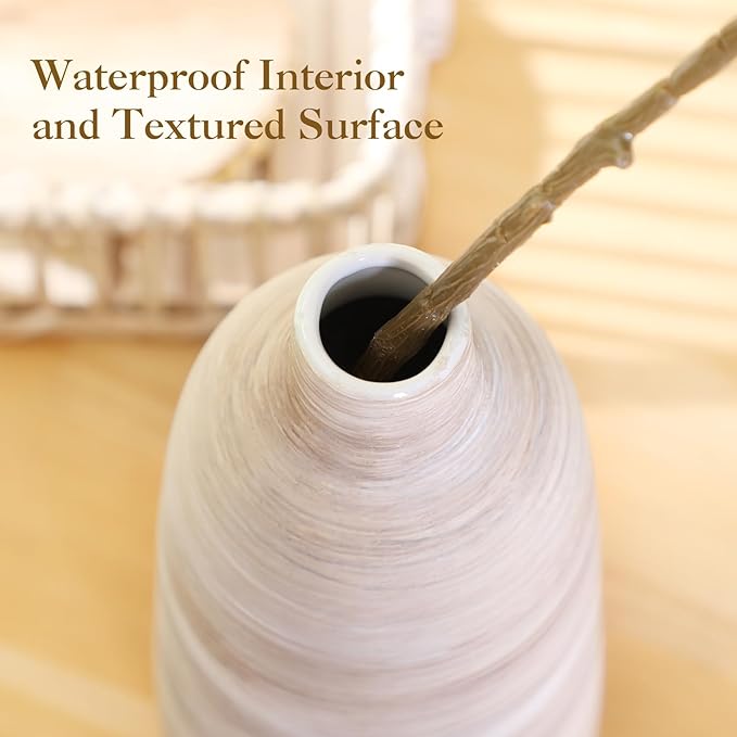 ALMA 2025 Updated 11 in Tall White Beige Vase for Boho Home Decor, Thin Ceramic Vase for Single Rose, Pampas Grass, Decorative Rustic Vase for Flowers, Dining Table Centerpieces,Table Top Decoration