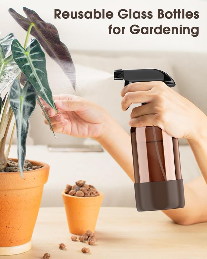 Glass Spray Bottle with Silicone Sleeve Protection, Amber Glass Spray Bottle Set for Window Cleaner Aromatherapy Facial Hydration Watering Flowers Hair Care 2 Pack/16 oz (Brown, 16 oz)