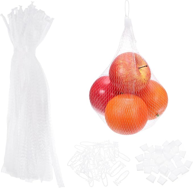uxcell 100 Pcs Reusable Mesh Produce Bags, 35cm/14 Inch Washable Net Storage Bags Reusable Grocery Reusable Storage Bags with Plastic Buckle for Fresh Fruit Vegetables Seafood, White
