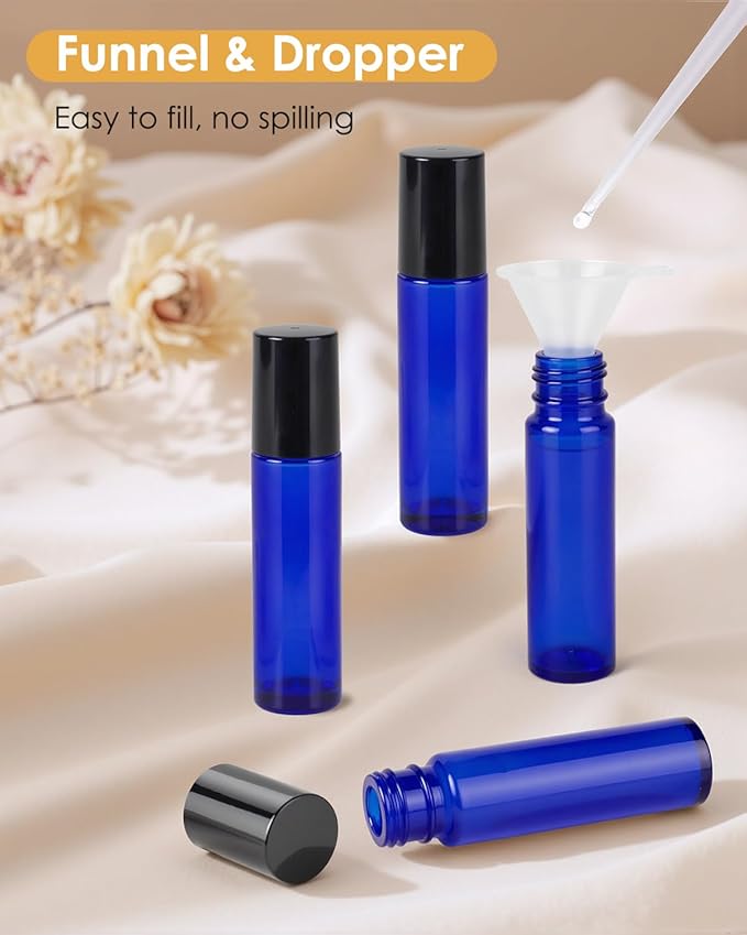 4 Pack Essential Oil Roller Bottles, 10ml Refillable Blue Glass Roller Bottles with Stainless Steel Roller Balls and Caps for Travel, Perfume and Lip Gloss