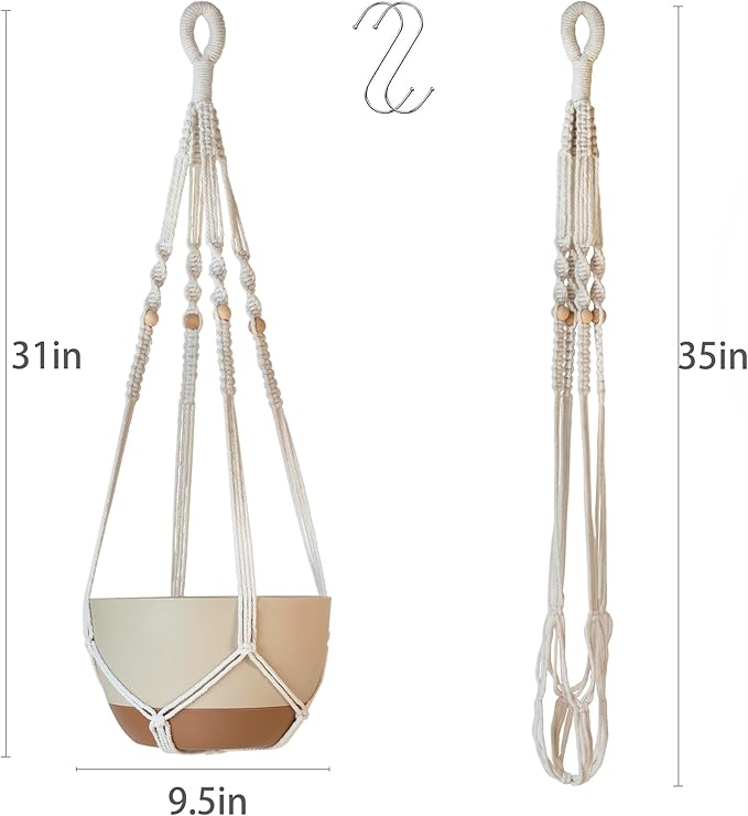 35 Inch Macrame Plant Hanger Indoor Outdoor Fits 4 to 15 inch pots Hanging Planter Basket with Wood Beads and No Tassels,Boho Home Decor,Ivory,Set of 2 (Pots Not Included)