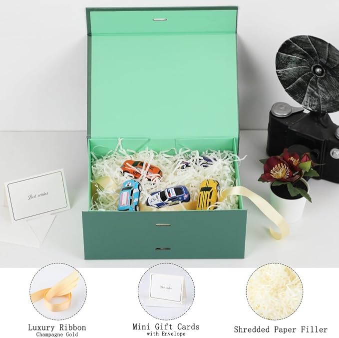 BoxSkivra Green Gift Box with Shredded Paper 1 Pack 9.5X7X4 Inch Small Magnetic Gift Box with Lid Rectangle Collapsible Luxury Box with Ribbon for Presents Crinkle Cut Paper Shred with Card