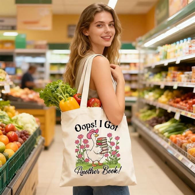 Oops I Got Another Book Women Canvas Tote Bag, Cute Goose Theme Reusable Bag for Shopping Grocery, Appreciation Christmas Birthday Gifts for Teacher Librarian Render Mom Book Lover Bookworm