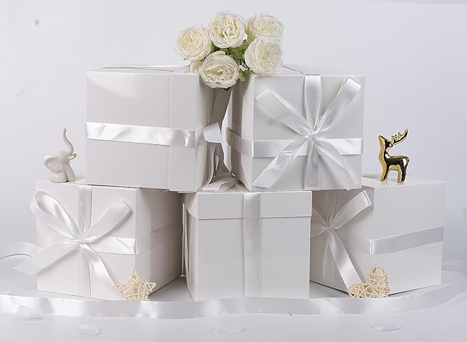 Jaywayang 5 Pack White Gift Boxes with Lids, Ribbons and Tissue Papers Square Gift Boxes - 7.1 Inch - Birthday, Wedding, Presents Wrapping, Mother's Day, Valentine's Day Decoration Party Favor Boxes.