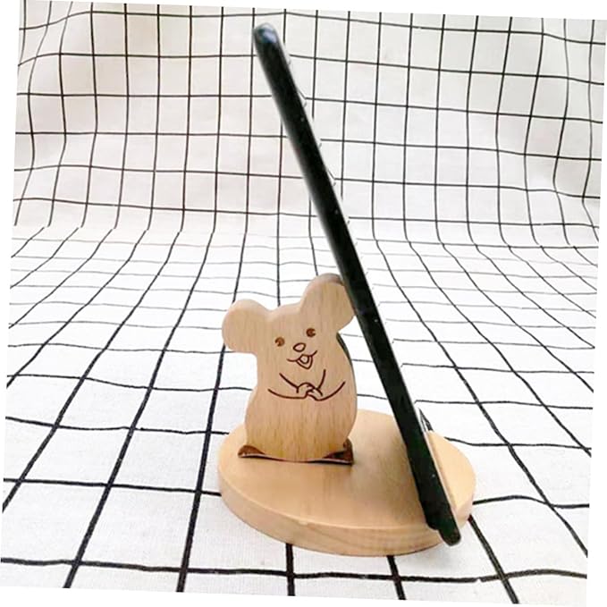 Wooden Desktop Phone Holder Cartoon Mouse Design Portable Stand for Smartphones Tablets Sturdy Ergonomic Viewing for Office Kitchen Nightstand
