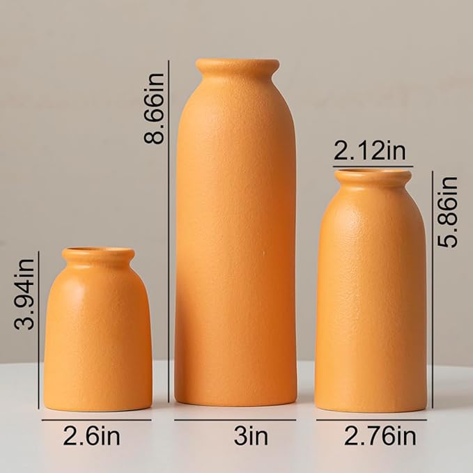 Ceramic Vase Set-3, Small Flower Vases for Decor, Modern Boho Farmhouse Style, Decorative Vases for Pampas Grass & Dried Flowers, Distressed Finish (Orange)