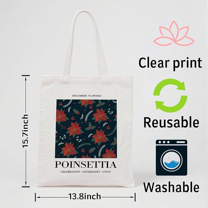Flower Canvas Tote Bag, December Poinsettia Reusable Shoulder Bags, Christmas Gifts to Sister and Friends, Casual Canvas Totes for Work Traveling, Holiday Gift Bags for Wrap Storage