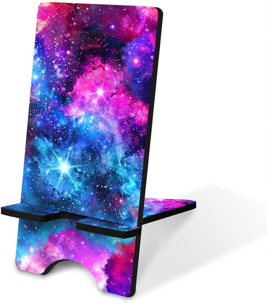 FINCIBO Cell Phone Stand Holder for Desk, Charging Stand for All Smartphones, Office Desktop Accessories Compatible with iPhone 15 14 13, Android Smartphones - Celestial Blue Purple Galaxy