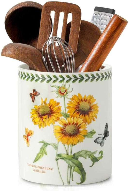 7" Flower Utensil Holder, Large Kitchen Utensil Holder Organizer , White Stable Utensil Crock Spatula Holder for Kitchen Counter Countertop Farmhouse Cooking Tools Holder(Sunflower)
