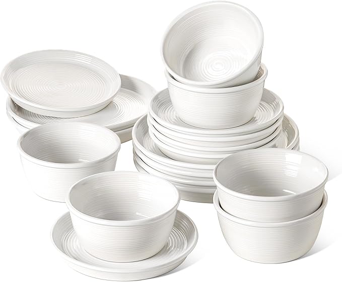 LE TAUCI Dishes Set for 6, Stoneware Plates and Bowls Set, 10" Dinner & 8" Salad Plates, 6" Bowls, Stackable, Microwave & Dishwasher Safe Ceramic Dinnerware, 18-Piece, White