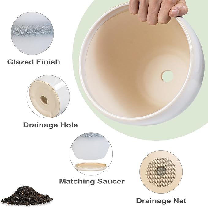 6.3 Inch Plant Pot - Ceramic Planters for Indoor Ourdoor Plants, Modern Succulent Pot, Round Planter with Drainage Hole and Saucer, Room Office Garden Home Decor, Plant Lover Gift, White-Grey