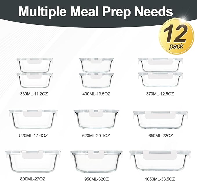 KAMOTA Glass Food Storage Containers, White Glass Meal Prep Containers, Airtight Containers with Snap-Lock Lids, Set of 12, for Microwave/Oven/Freezer/Dishwasher