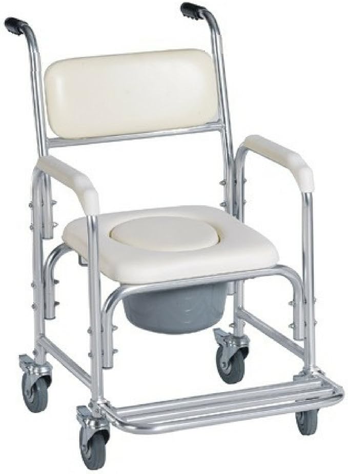 HEALTHLINE Shower Bedside Commode Chair Padded Seat With Wheels by Healthline, Medical Commode Toilet Rolling Shower Chair With Casters (4 Wheels Brakes), Commode Padded Backrest and Seat