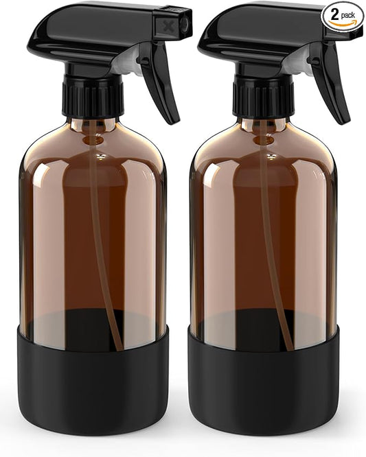 Glass Spray Bottle with Silicone Sleeve Protection, Amber Glass Spray Bottle Set for Window Cleaner Aromatherapy Facial Hydration Watering Flowers Hair Care 2 Pack/16 oz (Black)