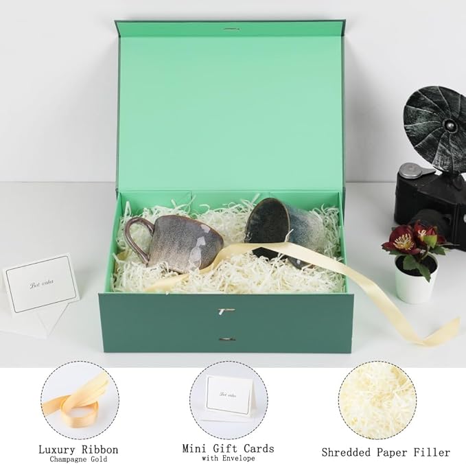 BoxSkivra Large Gift Boxes with Lids 5 Pack 13X9X4 Inch Large Green Gift Box with Ribbon Christmas Gift Box Foldable Gift Boxes for Presents、Shredded Paper Filler & Cards