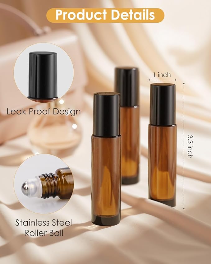 4 Pack Essential Oil Roller Bottles, 10ml Refillable Amber Glass Roller Bottles with Stainless Steel Roller Balls and Caps for Travel, Perfume and Lip Gloss