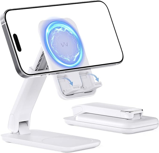 iWALK Magnetic Cell Phone Stand for Desk, Angle and Height Adjustable Mobile Phone Holder, Foldable Magnet Stand for iPhone 17 16 15 14 13 12 Pro Max and iPad, Cell Phone Holder for Samsung, White