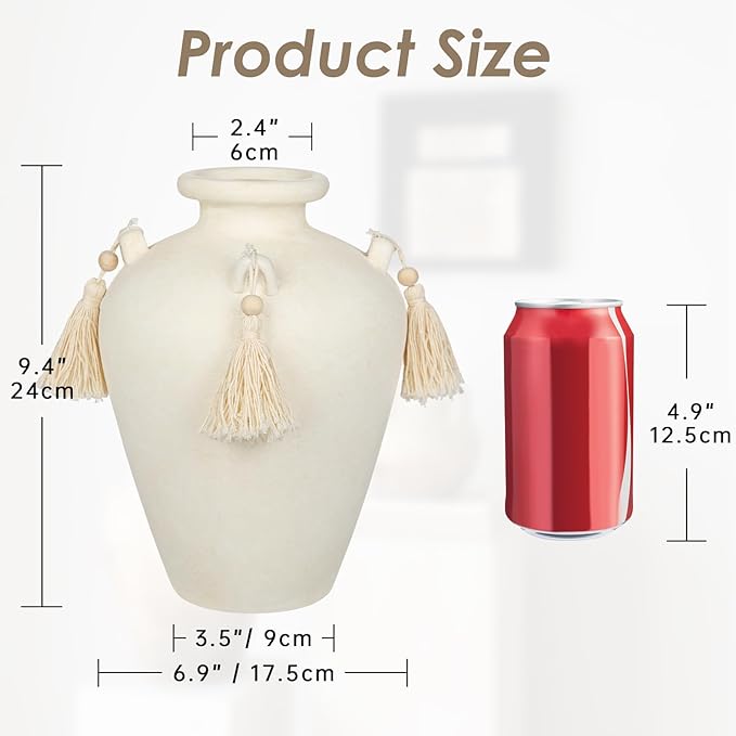 9.4" Large White Ceramic Vase for Centerpieces - Rustic Farmhouse Vase with 4 Ears & Tassels, Terracotta Vintage Flower Vases for Table, Desk, Living Room, Bedroom, Entryway, Holiday & Weddings Decor