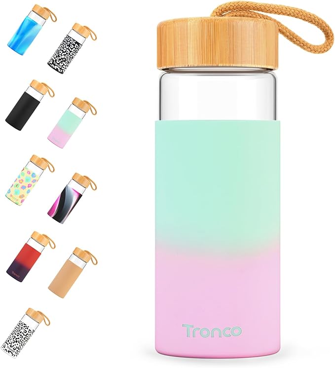 Tronco 20oz Borosilicate Glass Water Bottle with Bamboo Lid, Non-Slip Silicone Sleeve, Leak-Proof and Reusable Glass Bottle Perfect for gifts,Travel, Gym, and Everyday Use, BPA-Free, Dishwasher Safe