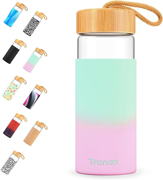 Tronco 20oz Borosilicate Glass Water Bottle with Bamboo Lid, Non-Slip Silicone Sleeve, Leak-Proof and Reusable Glass Bottle Perfect for gifts,Travel, Gym, and Everyday Use, BPA-Free, Dishwasher Safe