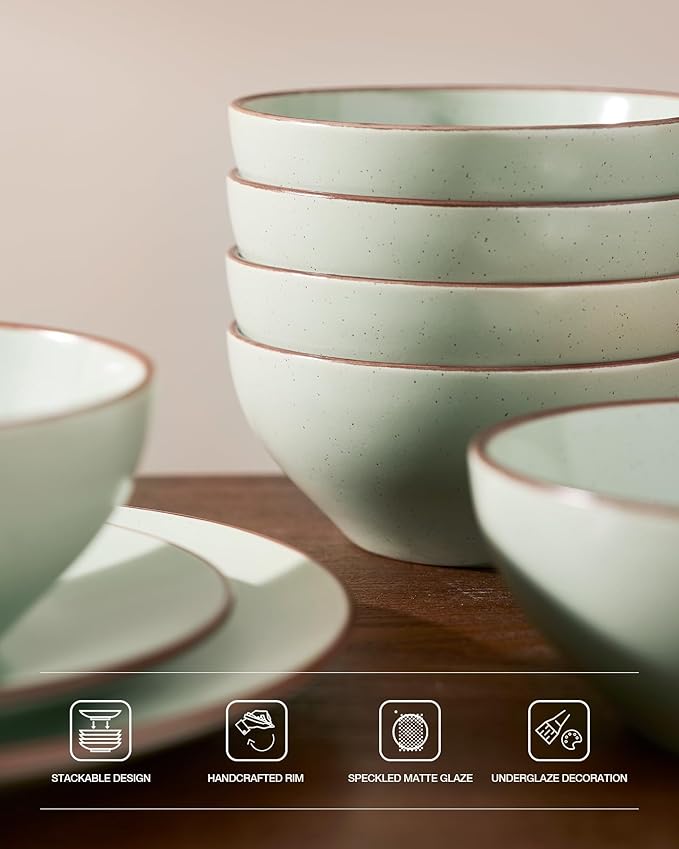 Famiware Venus Plates and Bowls Sets, 18 Pieces Stoneware Dinnerware Sets, Speckled Dishes Set for 6, Microwave and Dishwasher Safe, Matte Light Green