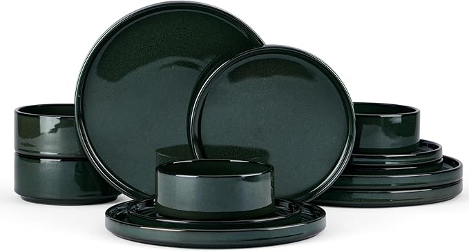 Onader Stoneware Dinnerware Sets for 4, Reactive Glaze Plates and Bowls Sets, Ceramic Dish Dinner Set with Rustic Terracotta Bottom, 12 Piece Elegant Dishware - Emerald Green