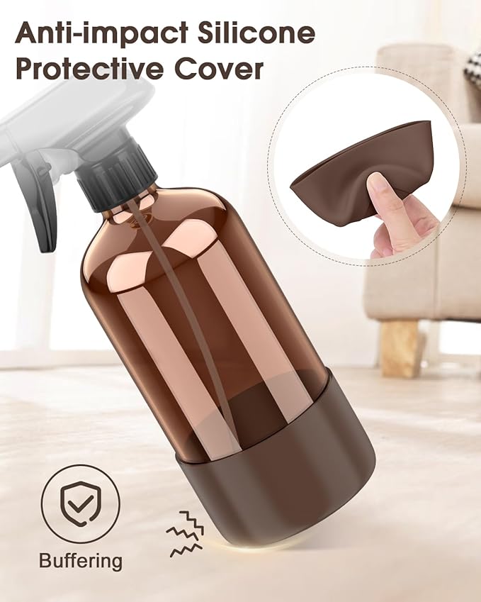 Glass Spray Bottle with Silicone Sleeve Protection, Amber Glass Spray Bottle Set for Window Cleaner Aromatherapy Facial Hydration Watering Flowers Hair Care 2 Pack/16 oz (Brown & Grey, 16 oz)