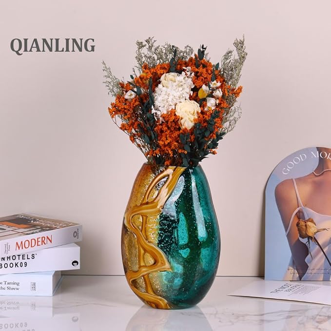 9" Tall Handcrafted Glass Vase with Amber and Turquoise Colors - Artistic Decorative Flower Vase for Home Decor, Modern Art Piece for Living Room, Dining Table, Kitchen, Office, Desk, Bedroom Decor
